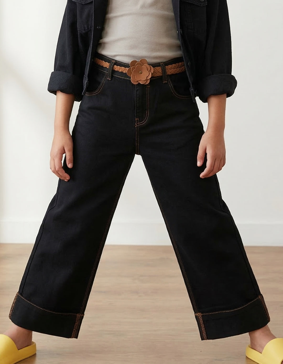Girls Black Elephant Leg Denim Jeans with Belt
