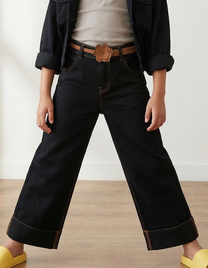 Girls Black Elephant Leg Denim Jeans with Belt