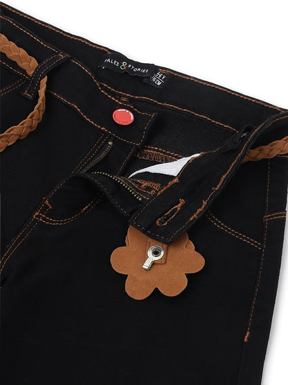 Girls Black Elephant Leg Denim Jeans with Belt