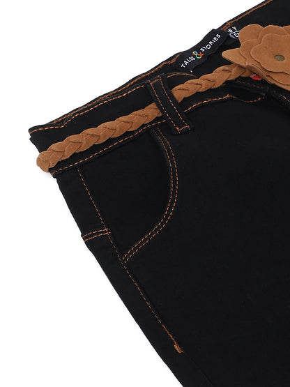 Girls Black Elephant Leg Denim Jeans with Belt