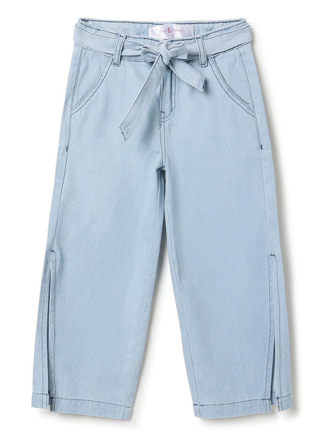 Girls Blue Denim Wide Leg Jeans with Belt