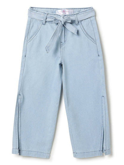 Girls Blue Denim Wide Leg Jeans with Belt