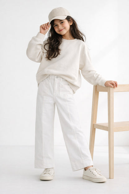 Girls White Denim Wide Leg Fit Jeans