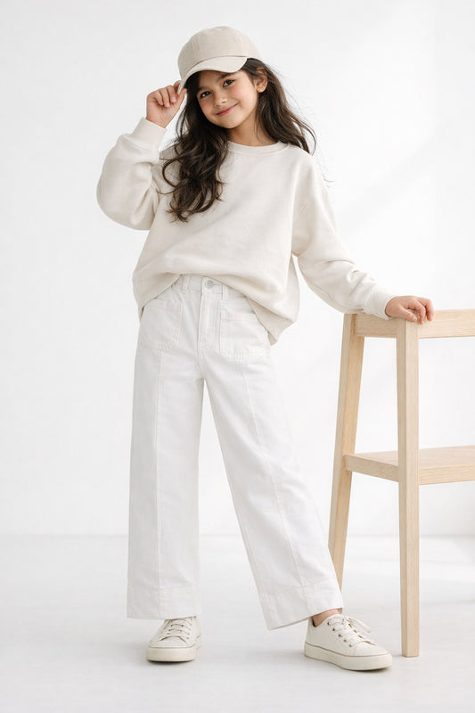 Girls White Denim Wide Leg Fit Jeans