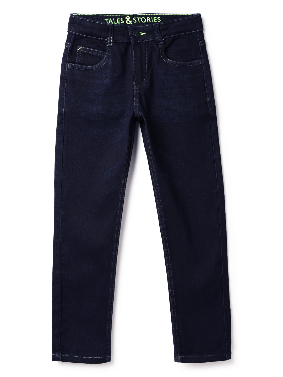 Boys Dark Blue Cotton Polyester Solid Jeans