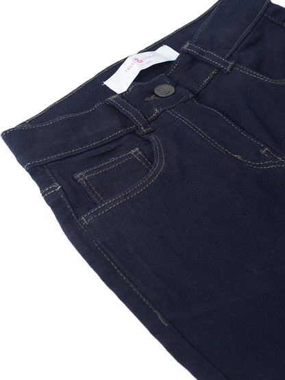 Girls Dark Blue Lycra Washed Slim Fit Jeans