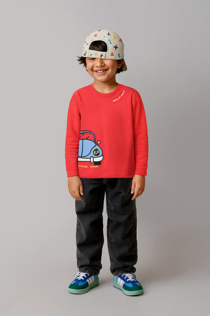 Boys Cotton Red Printed T-Shirt