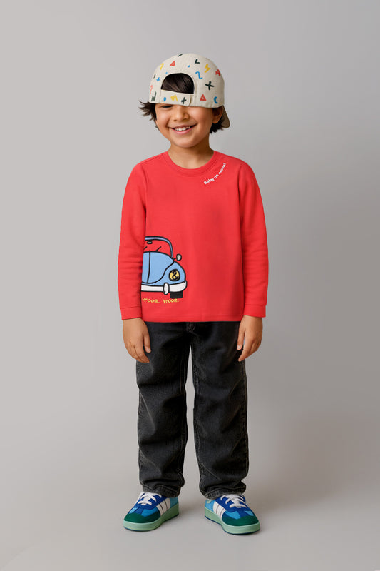 Boys Cotton Red Printed T-Shirt