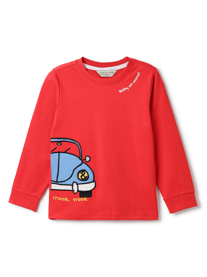 Boys Cotton Red Printed T-Shirt