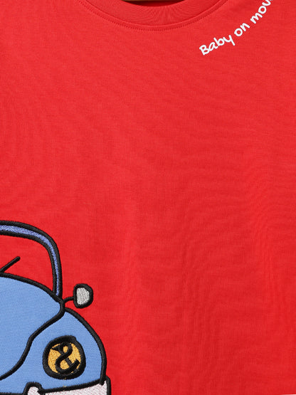 Boys Cotton Red Printed T-Shirt