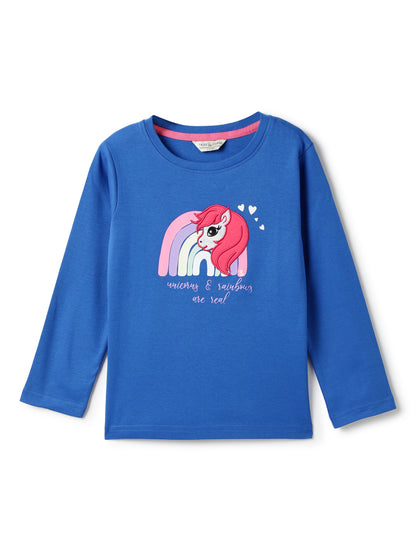 Girls Cotton Royal Blue Printed T-Shirt