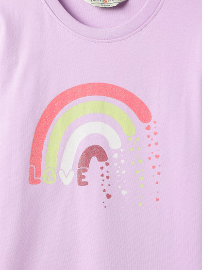 Girls Cotton Lilac Printed T-Shirt