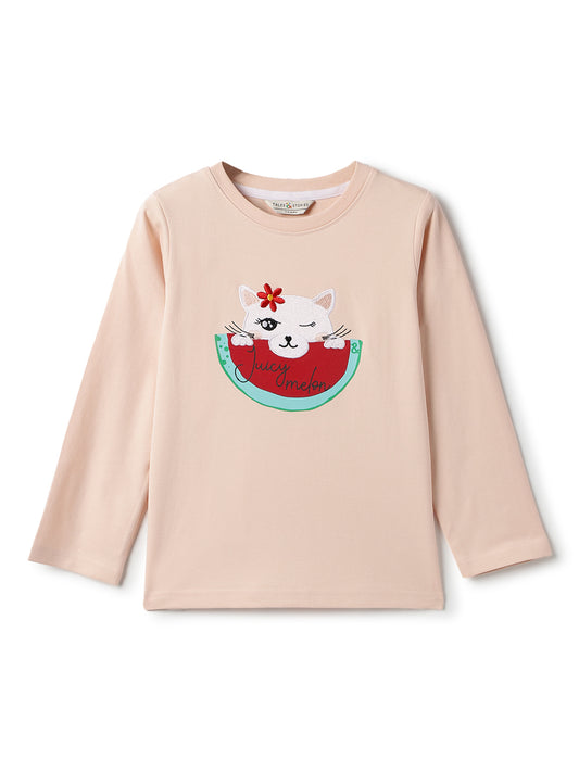 Girls Cotton Peach Printed T-Shirt
