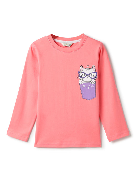 Girls Cotton Dark Pink Printed T-Shirt