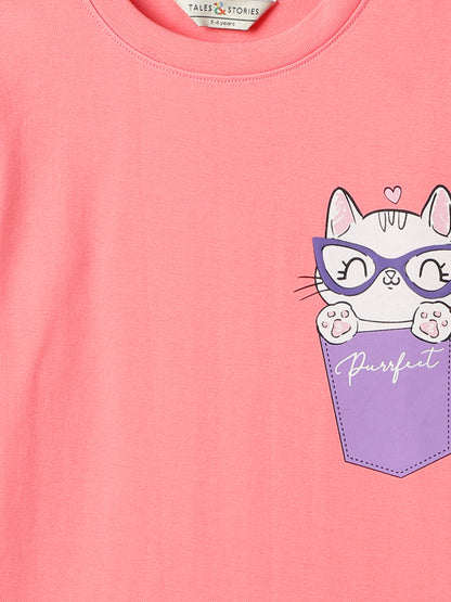 Girls Cotton Dark Pink Printed T-Shirt