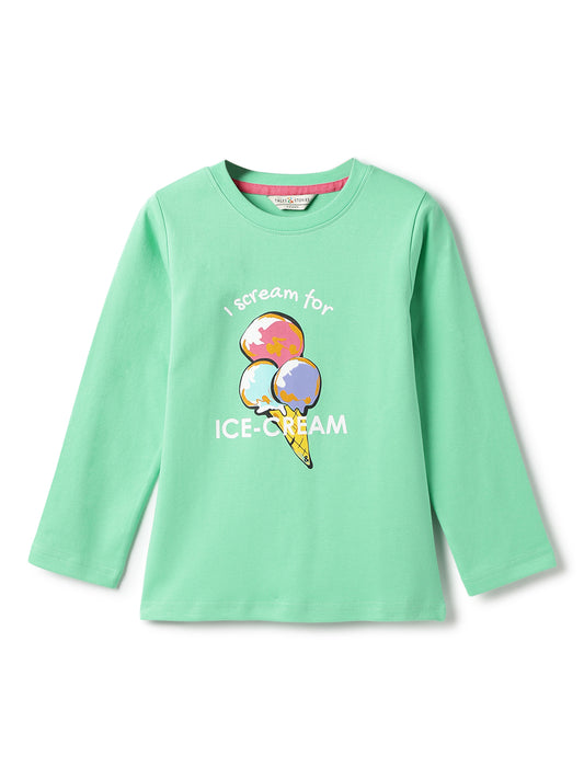 Girls Cotton Mint Printed T-Shirt