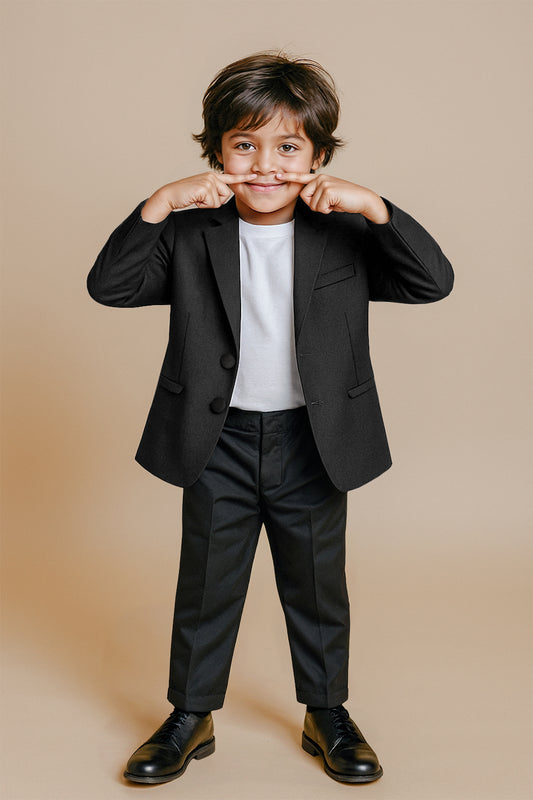 Boys Polyester Viscose Black Solid Blazer