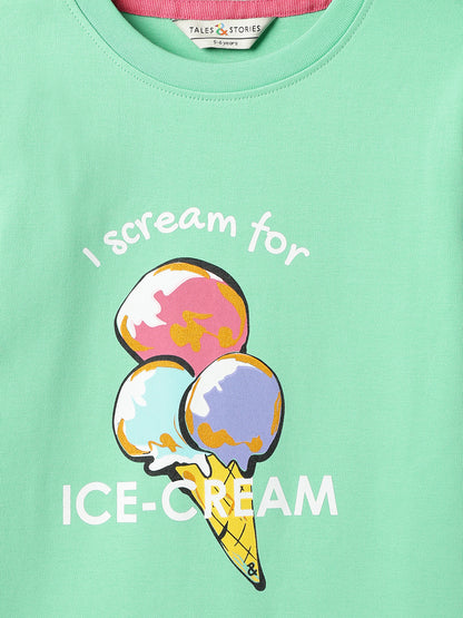 Girls Cotton Mint Printed T-Shirt