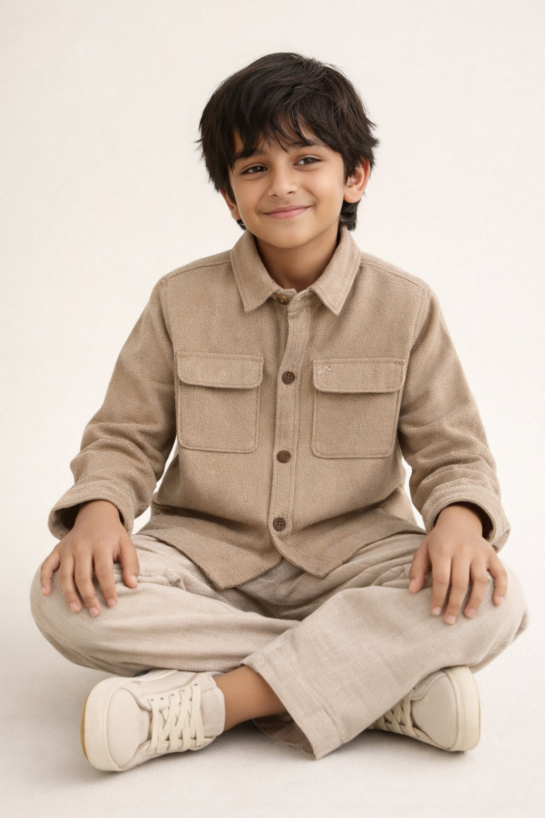 Boys Beige Cotton Solid Shacket