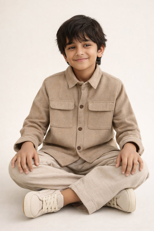 Boys Beige Cotton Solid Shacket