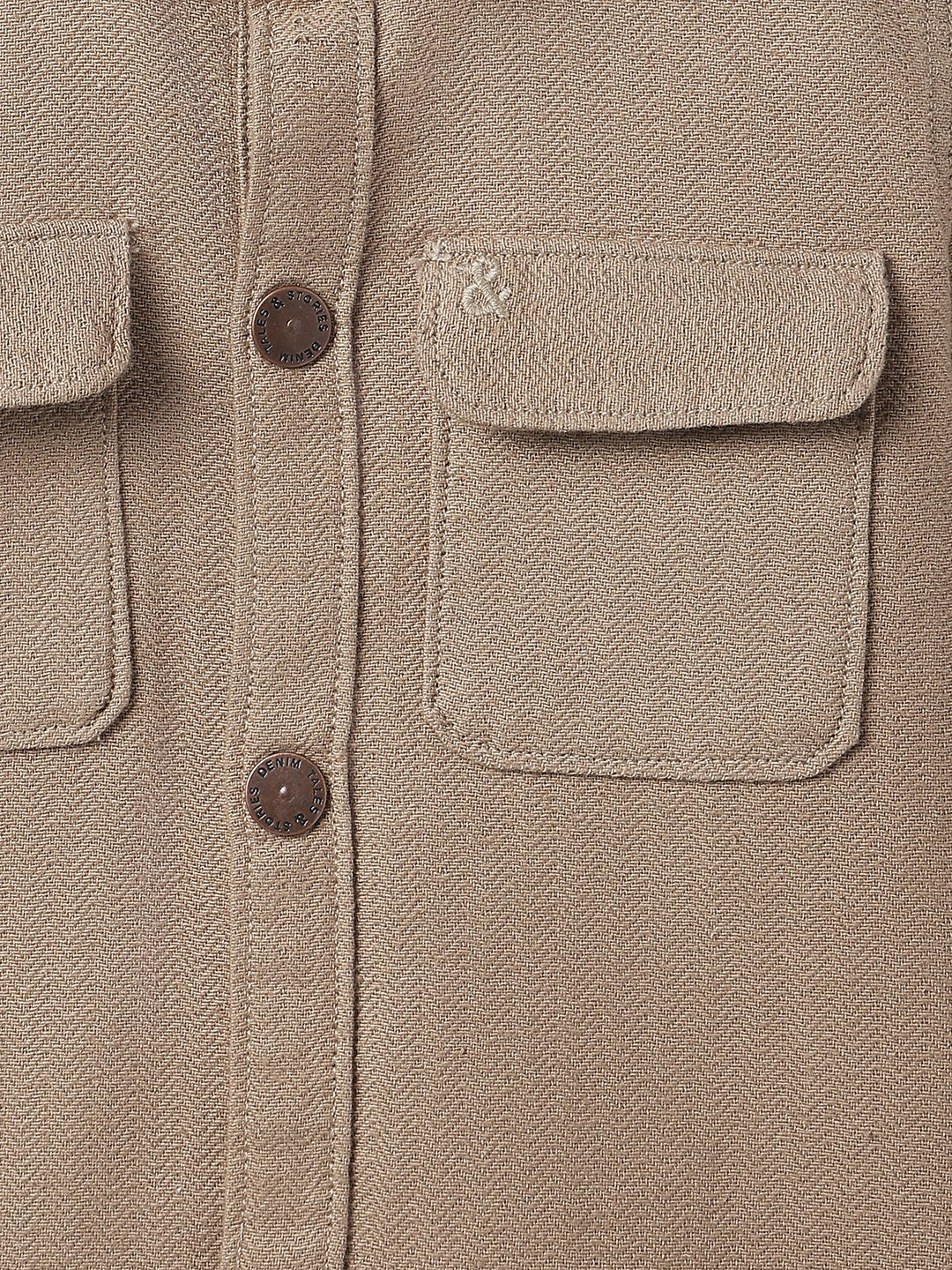 Boys Beige Cotton Solid Shacket