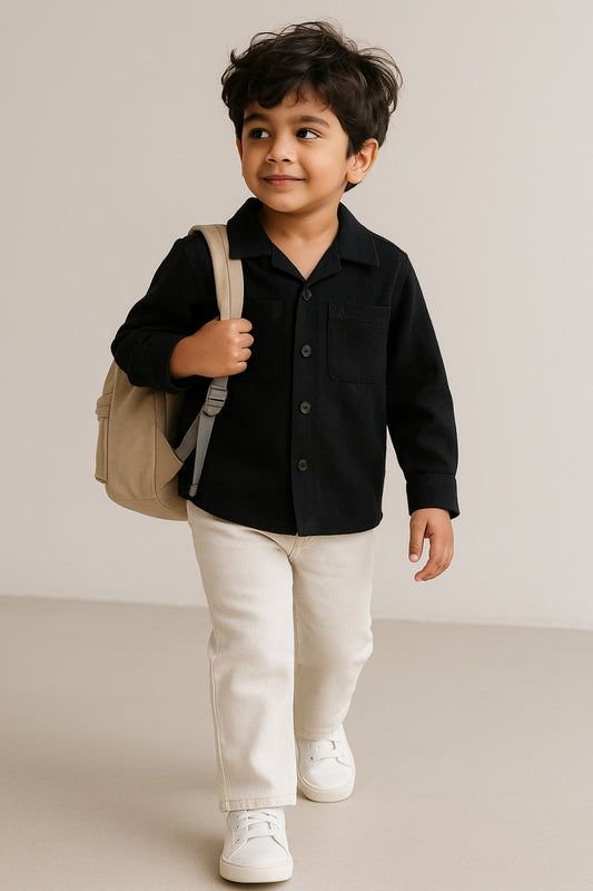 Boys Black Solid Oversized Cotton Shirt