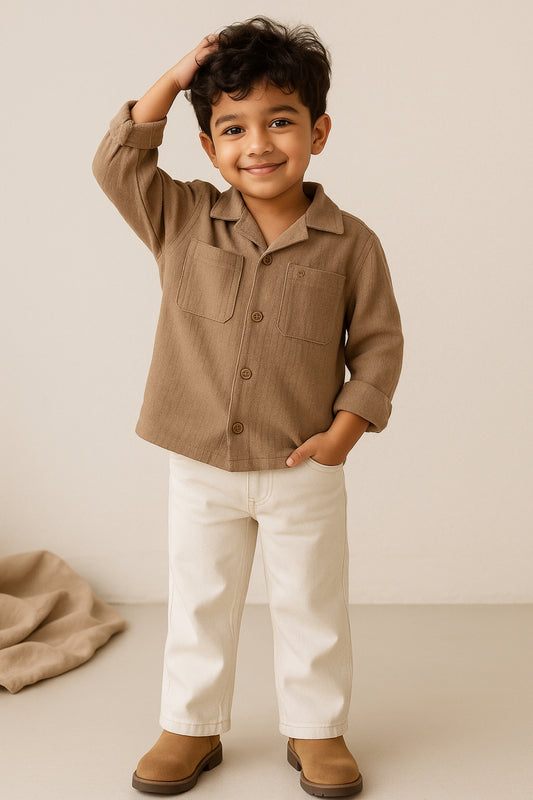 Boys Brown Solid Oversized Cotton Shirt