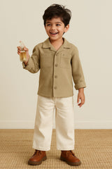 Boys Olive Solid Oversized Cotton Shirt