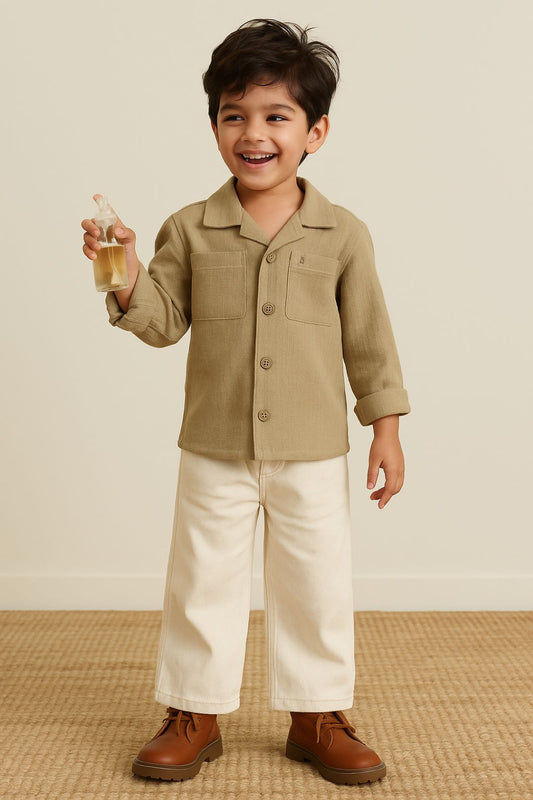 Boys Olive Solid Oversized Cotton Shirt
