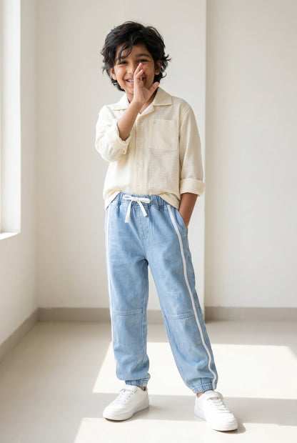 Boys Cotton Cream Shirt With Blue Denim Joggers Clothing Set