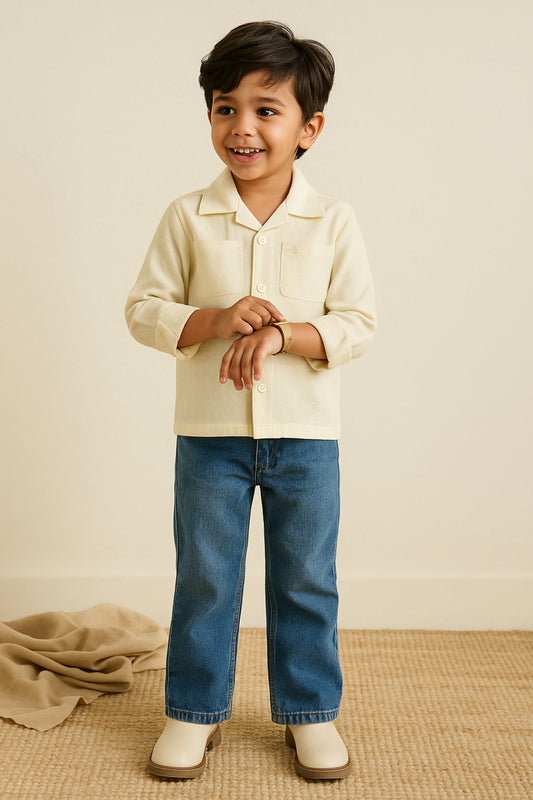 Boys Cream Solid Oversized Cotton Shirt