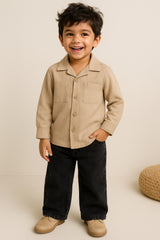Boys Beige Solid Oversized Cotton Shirt