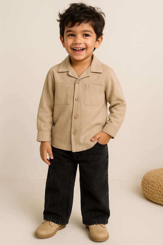 Boys Beige Solid Oversized Cotton Shirt