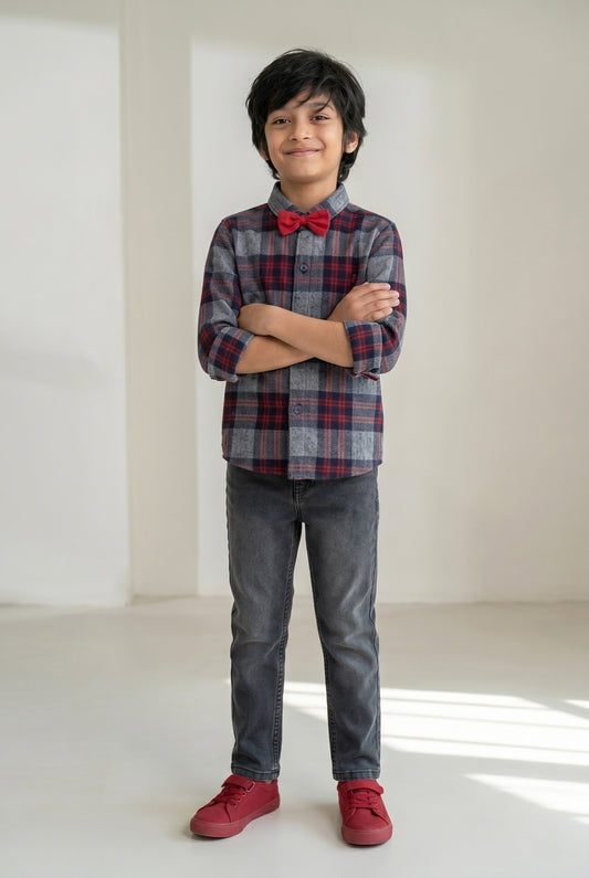 Boys  Flannel Red & Grey Checks Shirt With Grey Denim Jeans Clothing Set