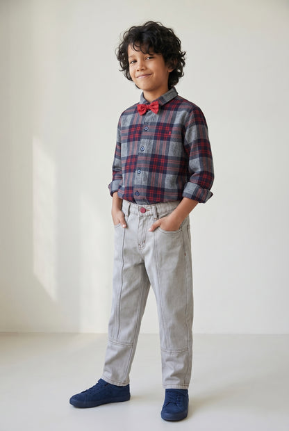 Boys Flannel Red & Grey Checks Shirt With Beige Denim Jeans Clothing Set