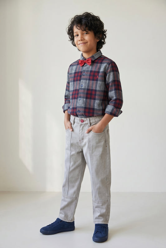 Boys Flannel Red & Grey Checks Shirt With Beige Denim Jeans Clothing Set