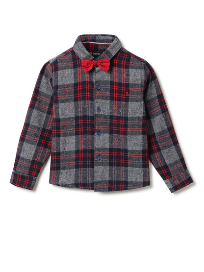 Boys Flannel Red & Grey Checks Shirt With Beige Denim Jeans Clothing Set