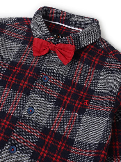 Boys Flannel Red & Grey Checks Shirt With Beige Denim Jeans Clothing Set