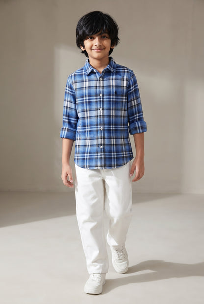 Boys Cotton Blue Checked Flannel Shirt
