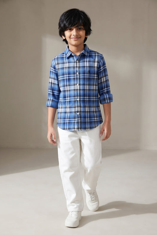 Boys Cotton Blue Checked Flannel Shirt