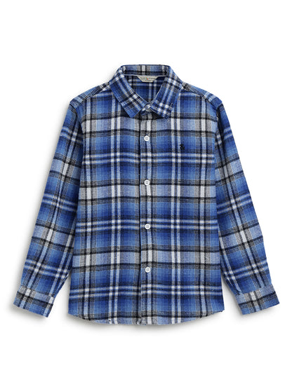 Boys Cotton Blue Checks Shirt With Navy Blue Cotton Solid Regular Fit Trouser
