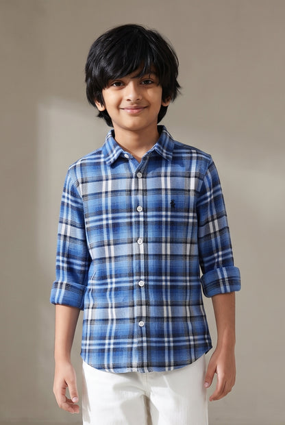 Boys Cotton Blue Checked Flannel Shirt
