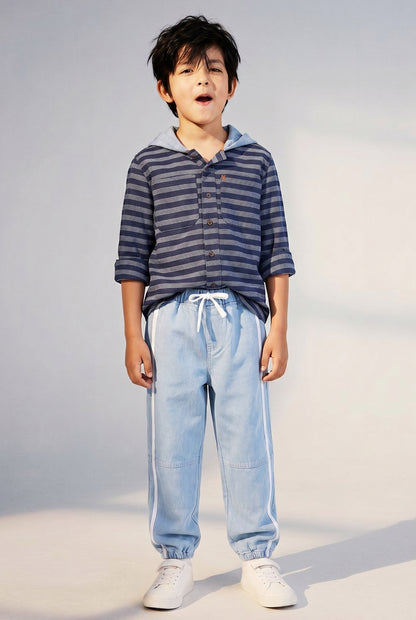 Boys  Cotton Blue Hooded Shirt With Blue Denim Joggers Clothing Set