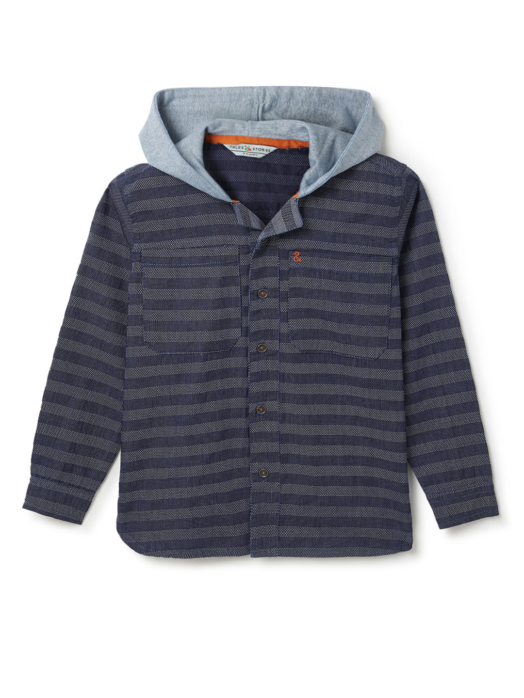 Boys Blue Denim Striped Hooded Shirt