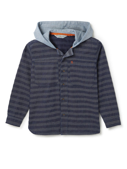 Boys Blue Denim Striped Hooded Shirt