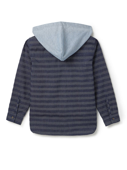 Boys Blue Denim Striped Hooded Shirt