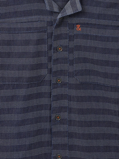 Boys Blue Denim Striped Hooded Shirt