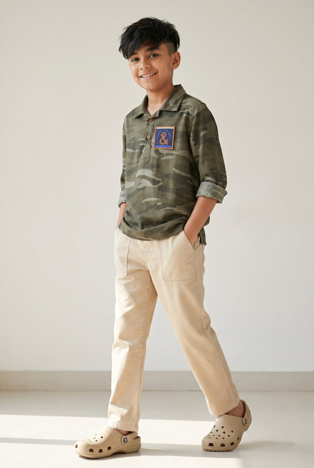 Boys Olive Green Camouflage Printed Shirt With Beige Trouser Clothing Set