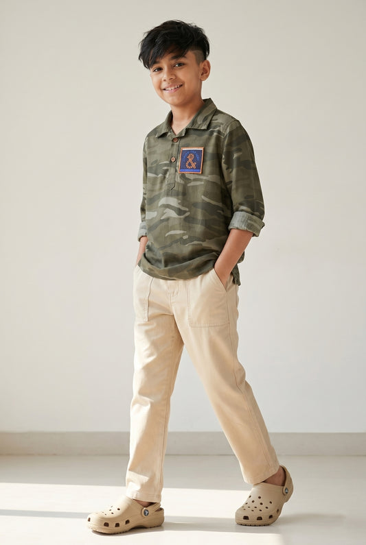 Boys Olive Green Camouflage Printed Shirt With Beige Trouser Clothing Set