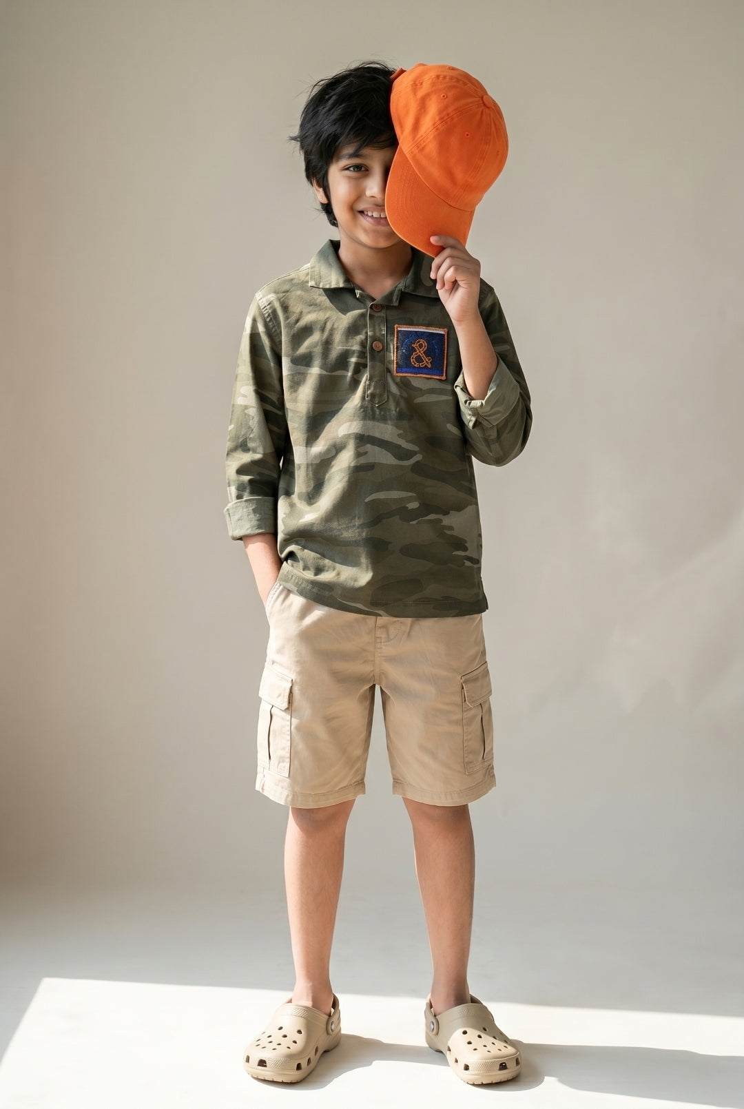 Boys Olive Cotton Twill Full Sleeve Camouflage Print Casual Shirt